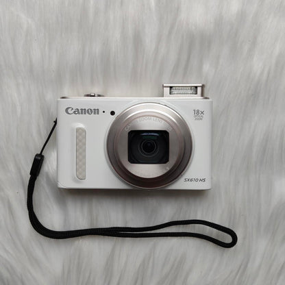 Used Digital Camera | Canon PowerShot SX610 HS digital camera - Boxed & Rarely in White & External Flash | Complete Set